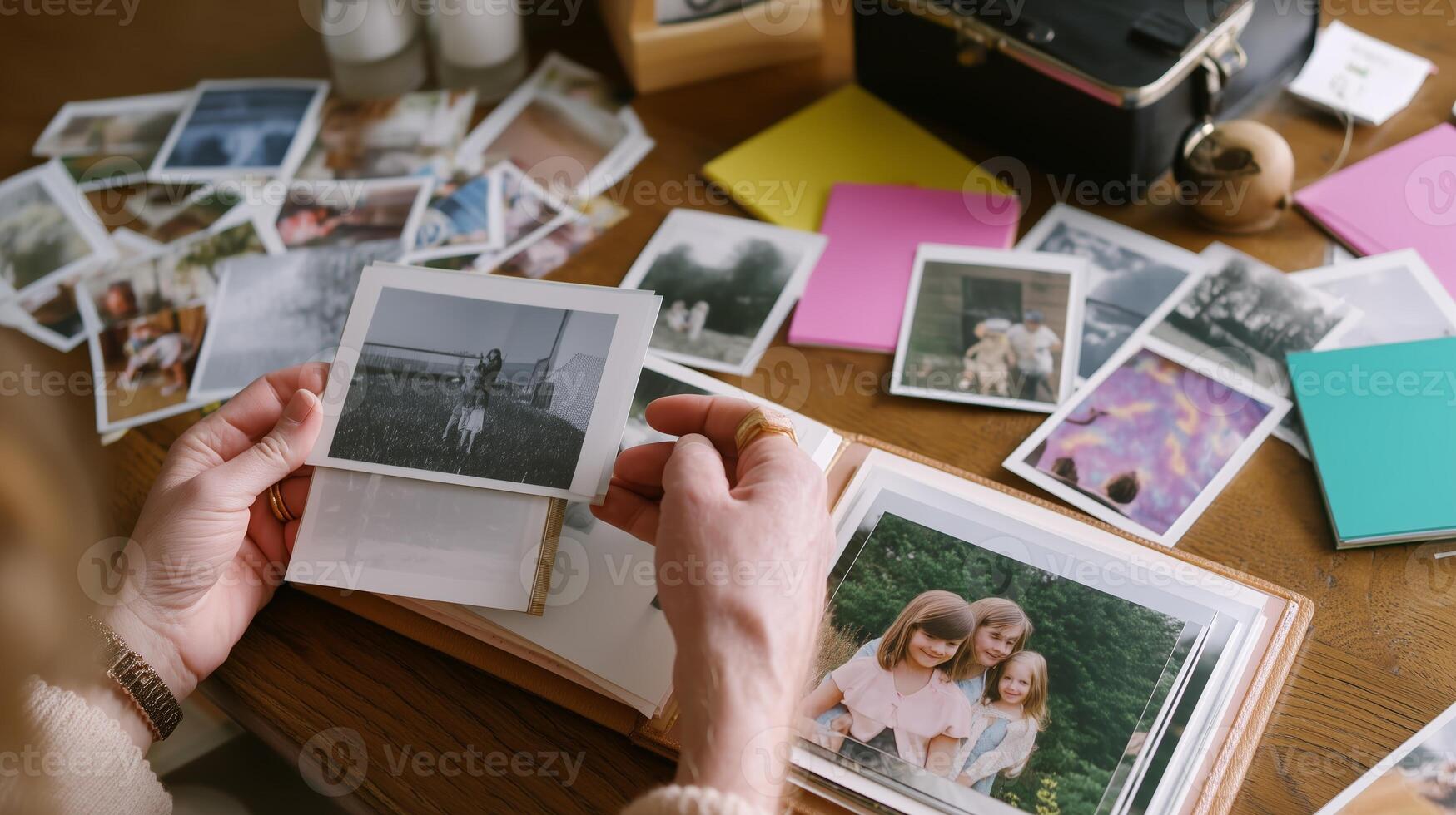 Exploring memories through a collection of family photographs on a wooden table photo