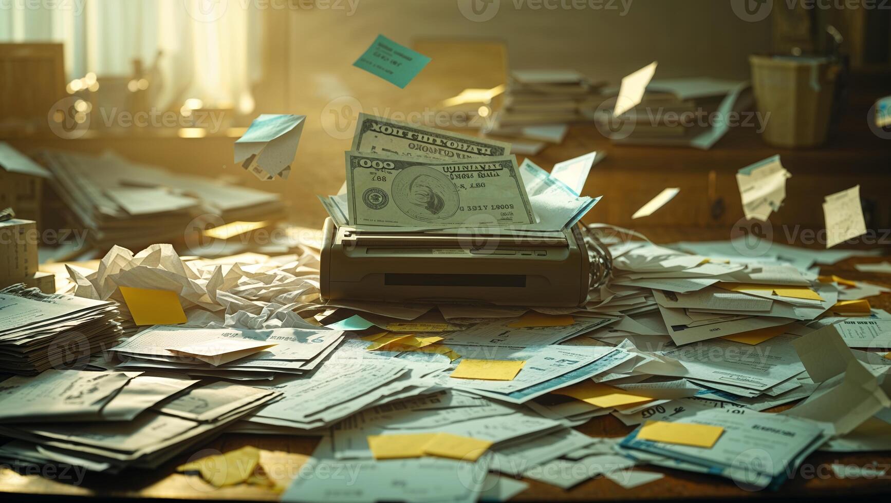 Stacks of papers surround a money printer in a cluttered workspace filled with financial documents and cash photo