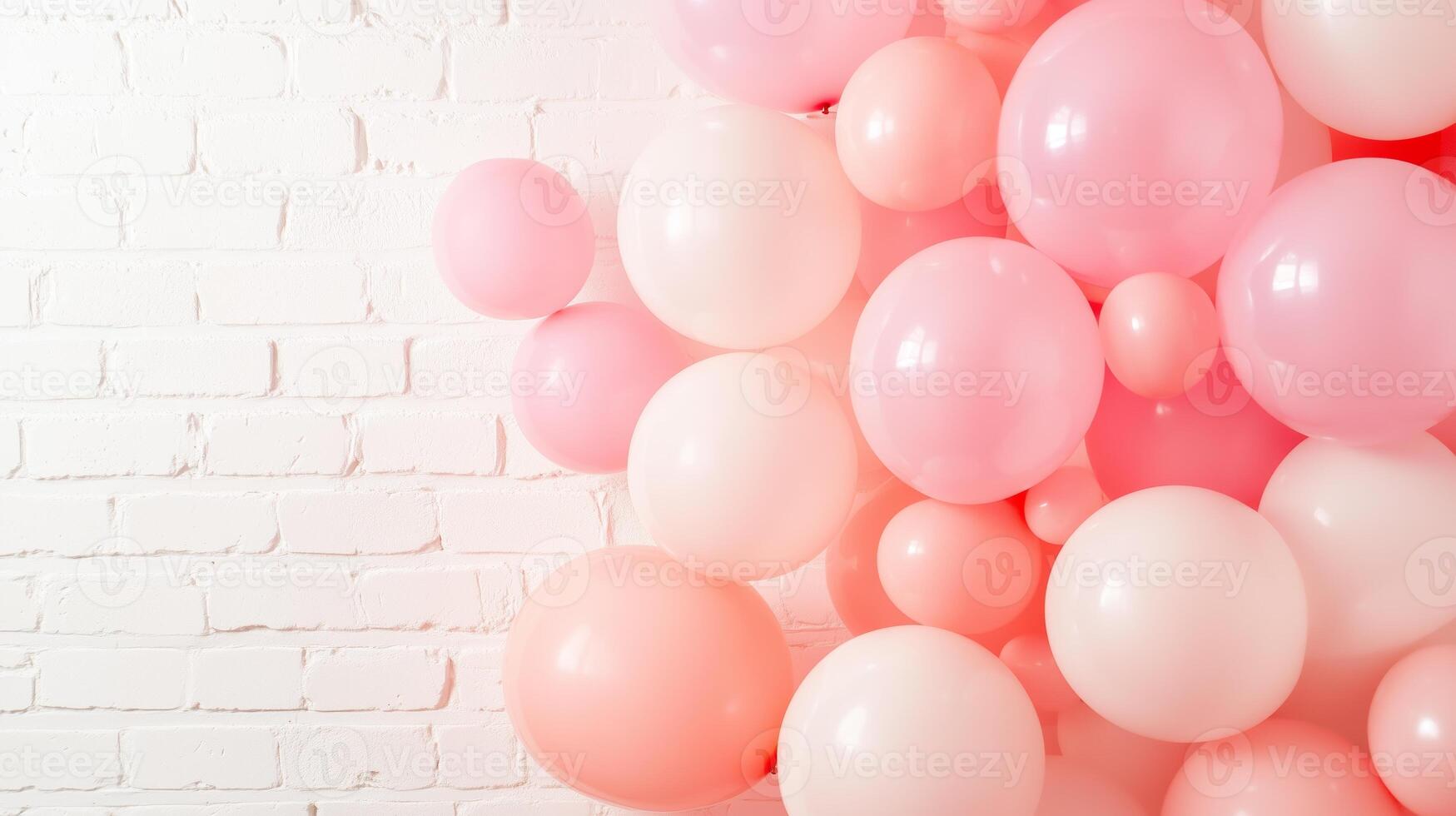 Colorful arrangement of pink and white balloons on a brick wall adds festive ambiance to any celebration photo
