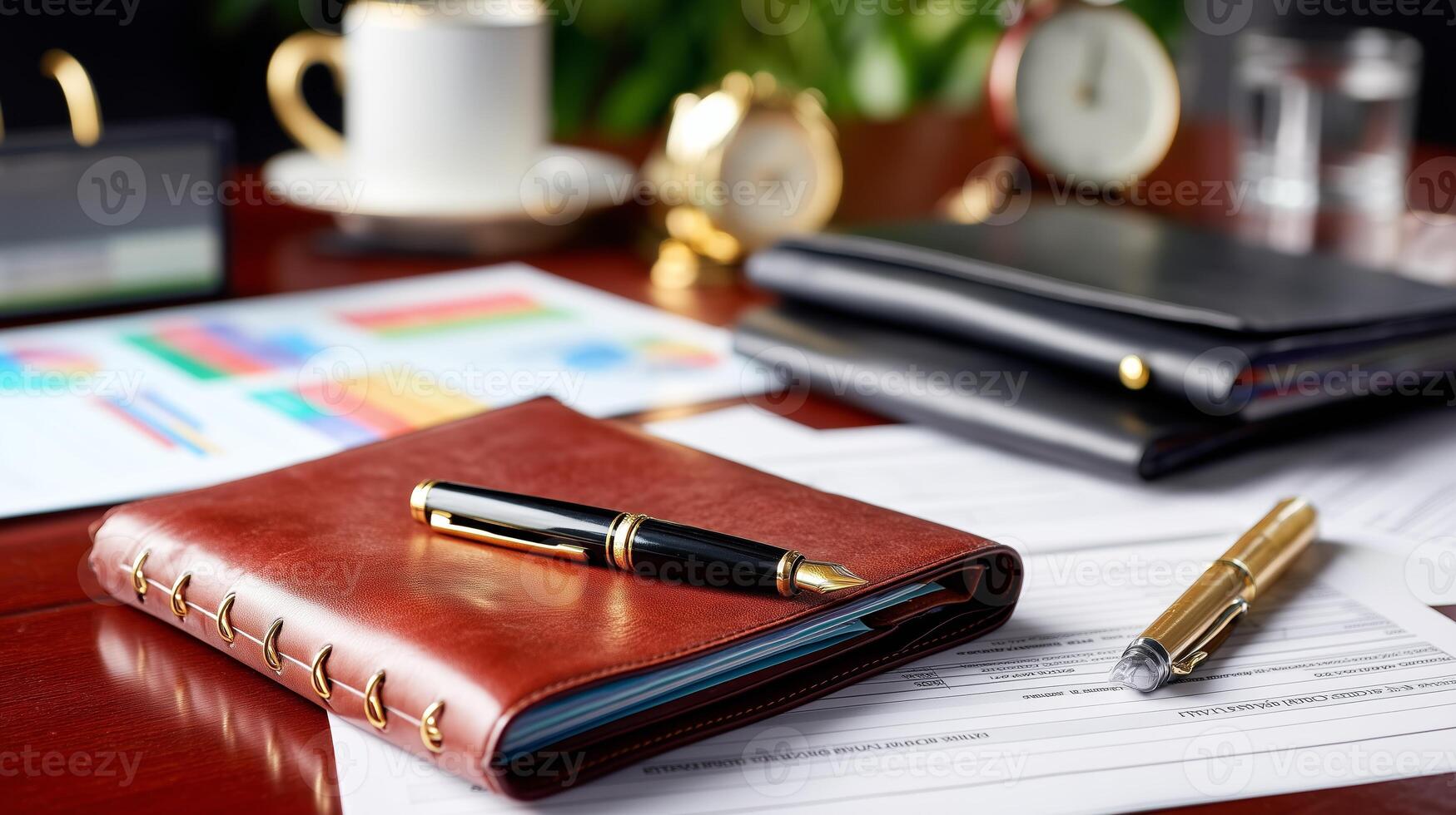 Elegant workspace with leather notebook and gold pens on a polished desk in a professional environment photo