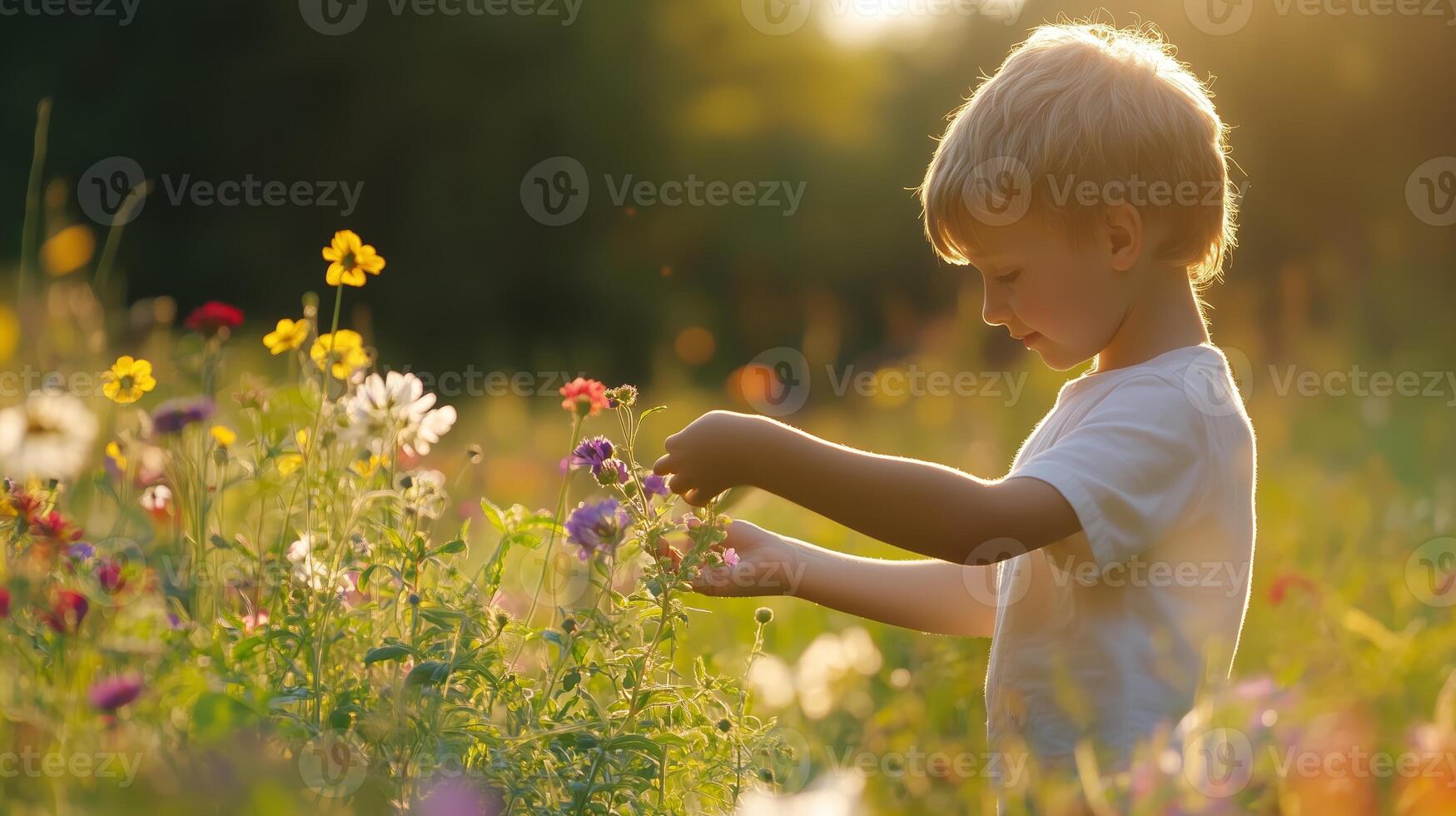 Child enjoying sunny day while picking flowers in a blooming field full of colorful wildflowers in the late afternoon light photo