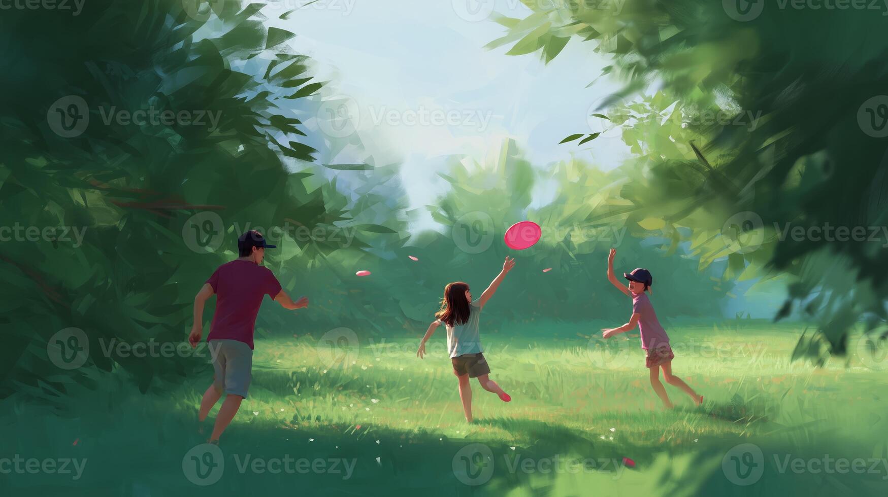 Family enjoys a joyful afternoon playing frisbee in a sunlit grassy park surrounded by trees photo