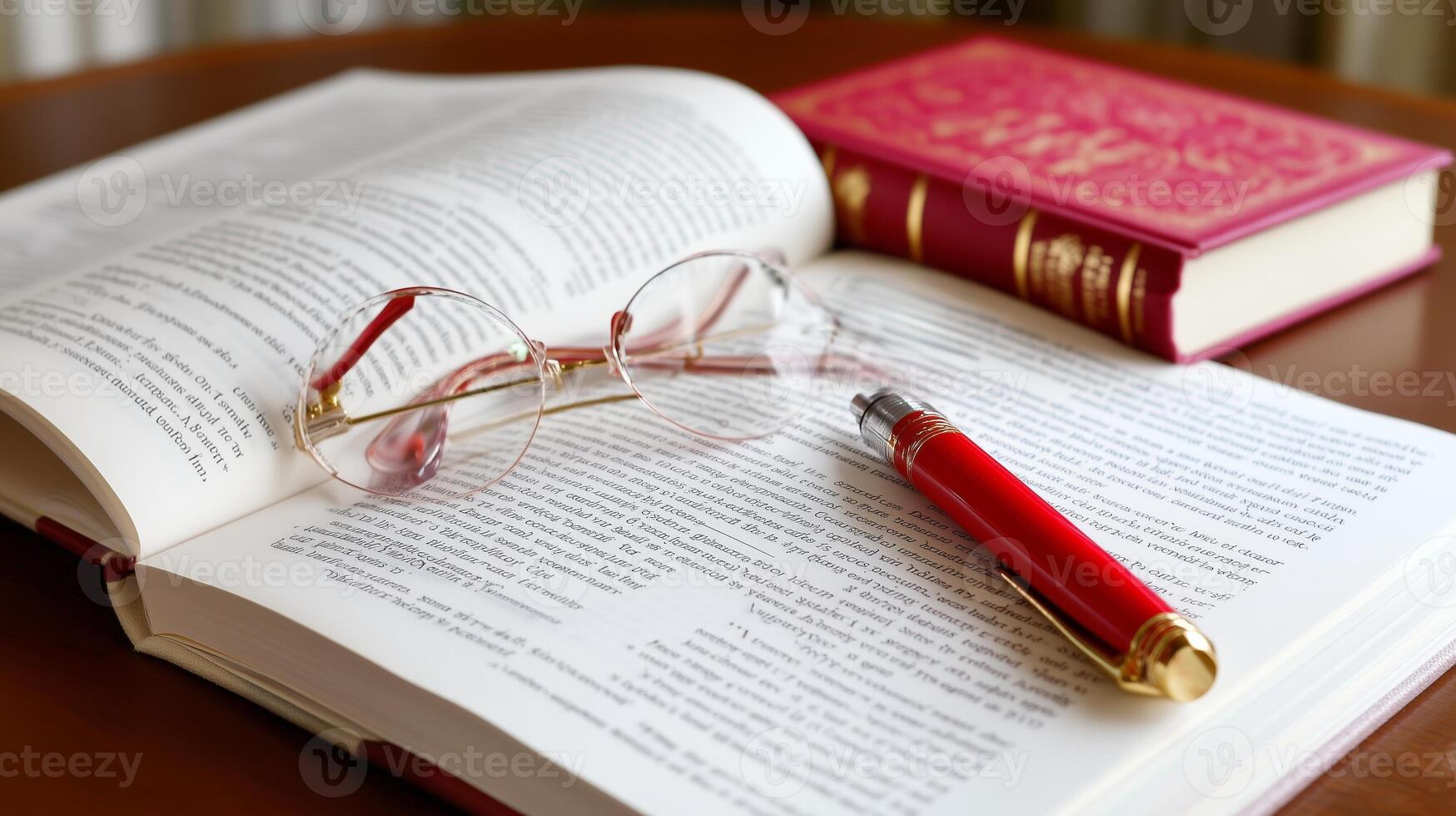 Elegant reading setup featuring open book, glasses, pen, and leather-bound notebook in cozy indoor environment photo