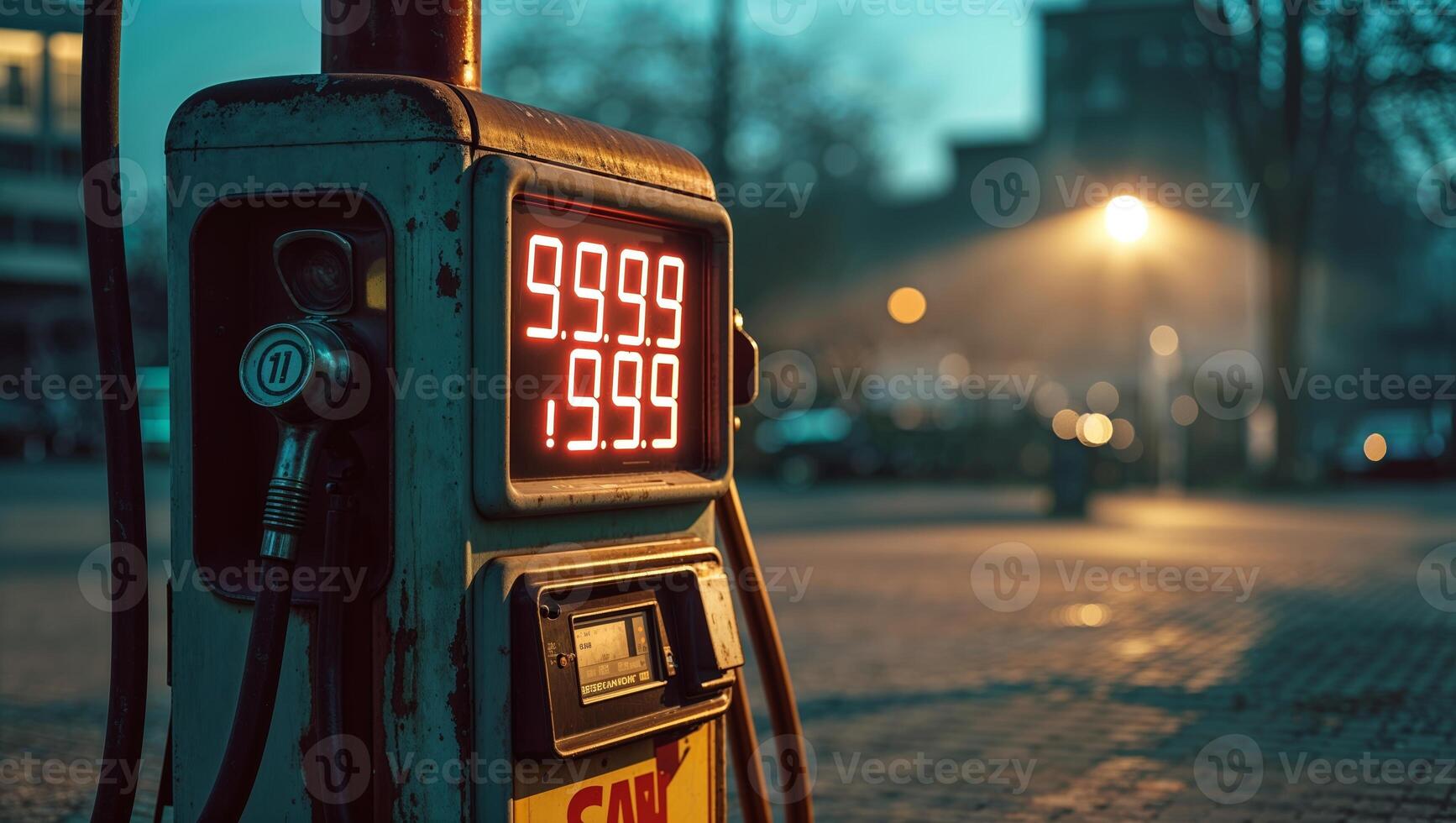 Vintage gas station pump displayed at night with illuminated price readings in a quiet urban area photo