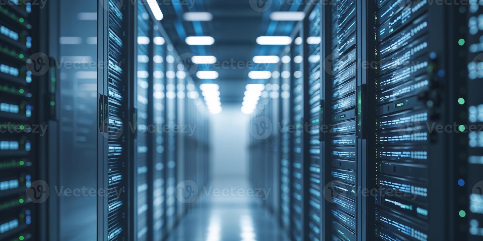 Modern data center with rows of servers illuminated by bright overhead lights during a daytime operation photo