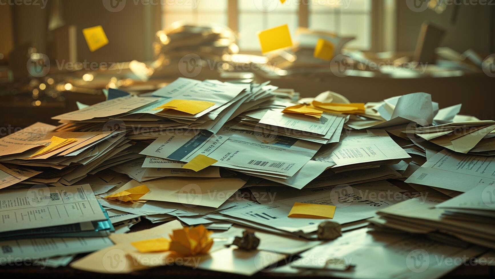 Piles of disorganized documents scattered across a desk in a sunlit room during late afternoon photo