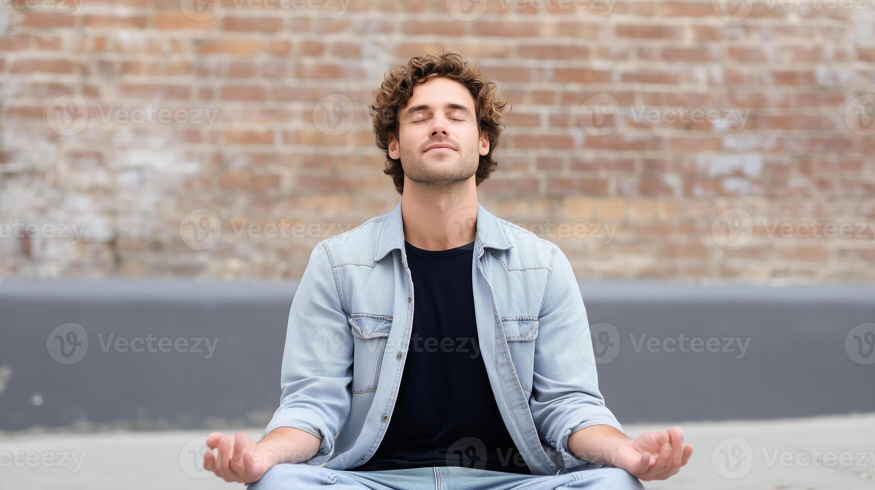 Man meditating calmly outdoors in front of a rustic brick wall during daylight photo