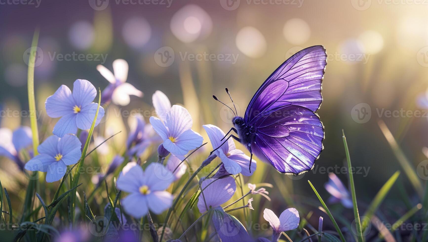 Colorful butterfly rests on delicate purple flowers in a sunlit meadow during spring bloom photo