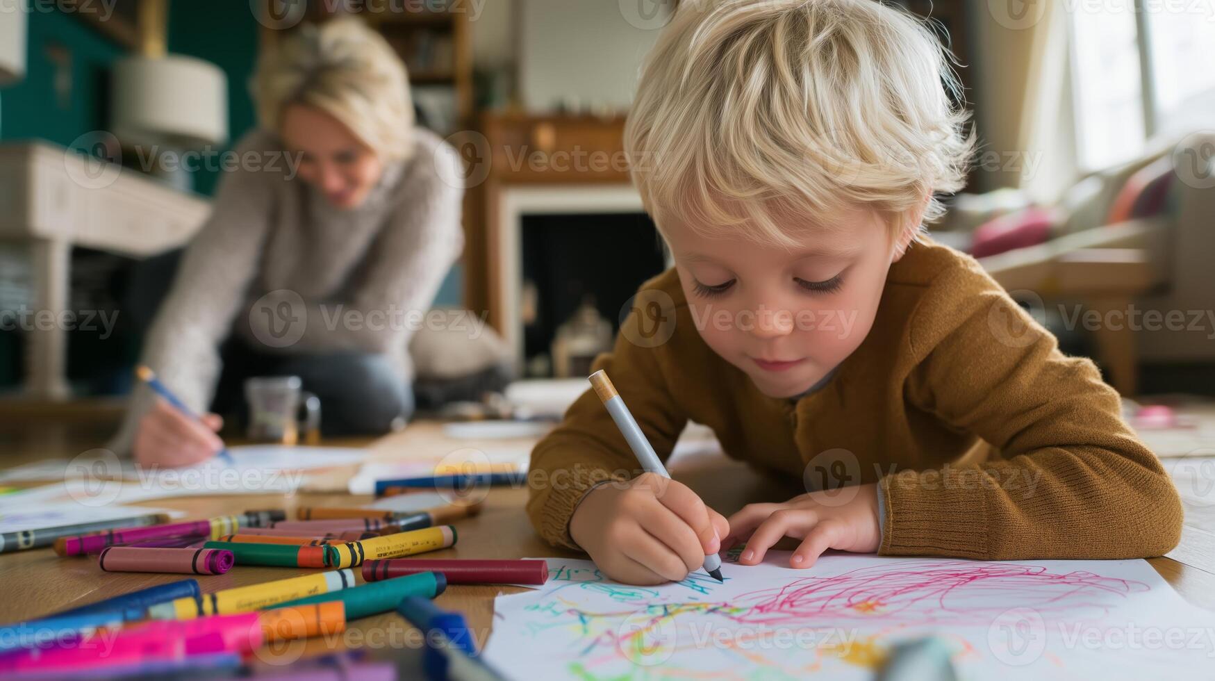 Child drawing with markers while adult supervises in a cozy living room during daytime photo
