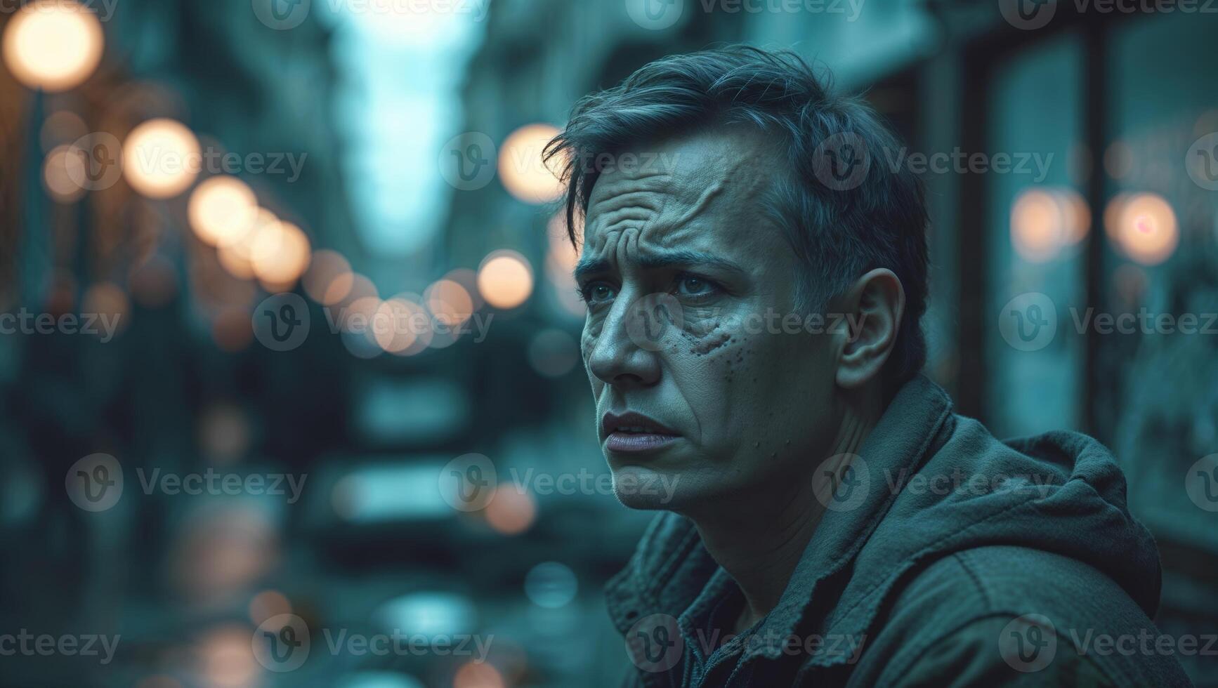 Man with a weary expression standing in a dimly lit urban street during twilight hours photo