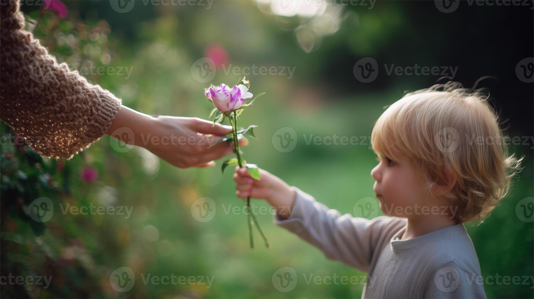 Child gives flower to adult in a beautiful garden during a sunny afternoon photo
