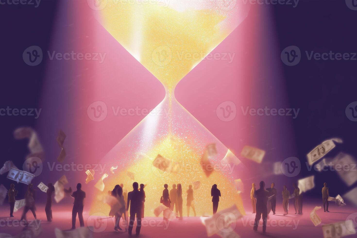 Illuminated hourglass surrounded by silhouettes and floating money creates a surreal atmosphere at dusk photo