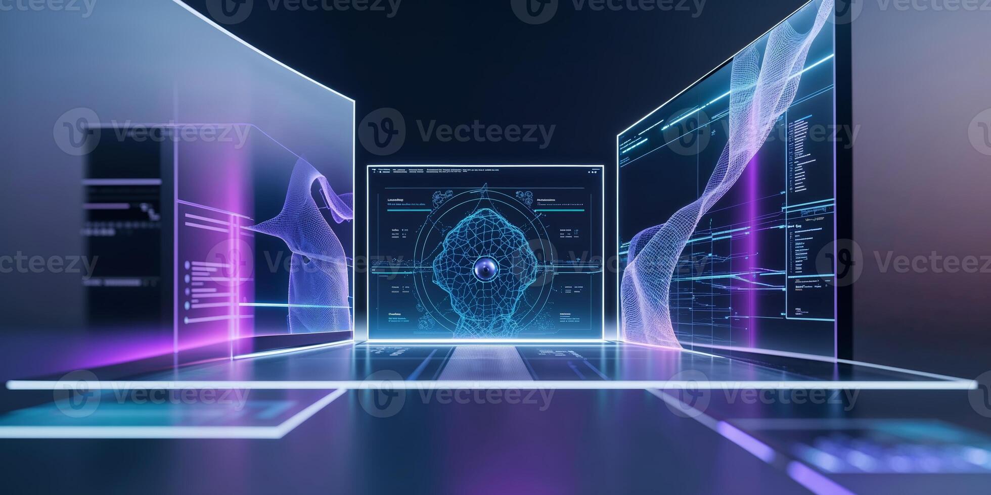Digital workspace showcasing advanced technology with vibrant holographic displays and intricate data visualization in a modern office photo