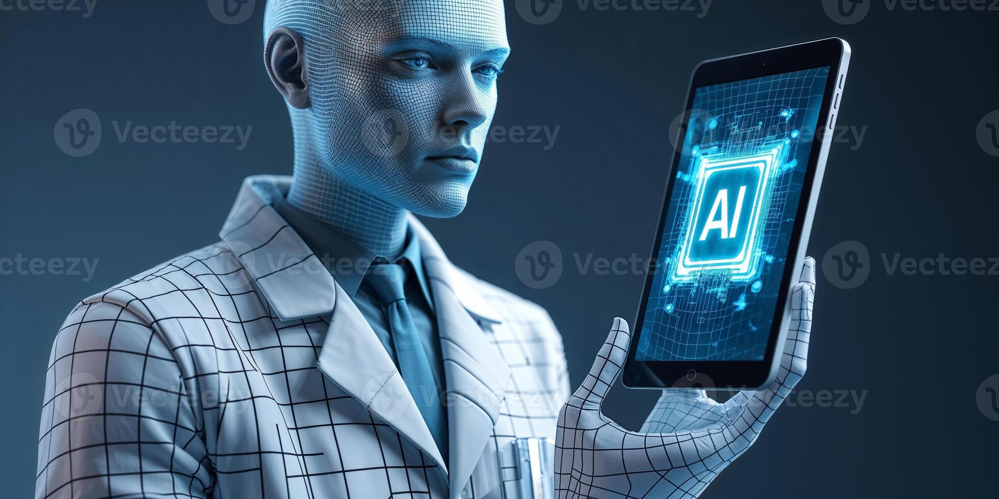 Futuristic humanoid robot showcasing advanced AI technology with a digital tablet in a modern laboratory setting photo