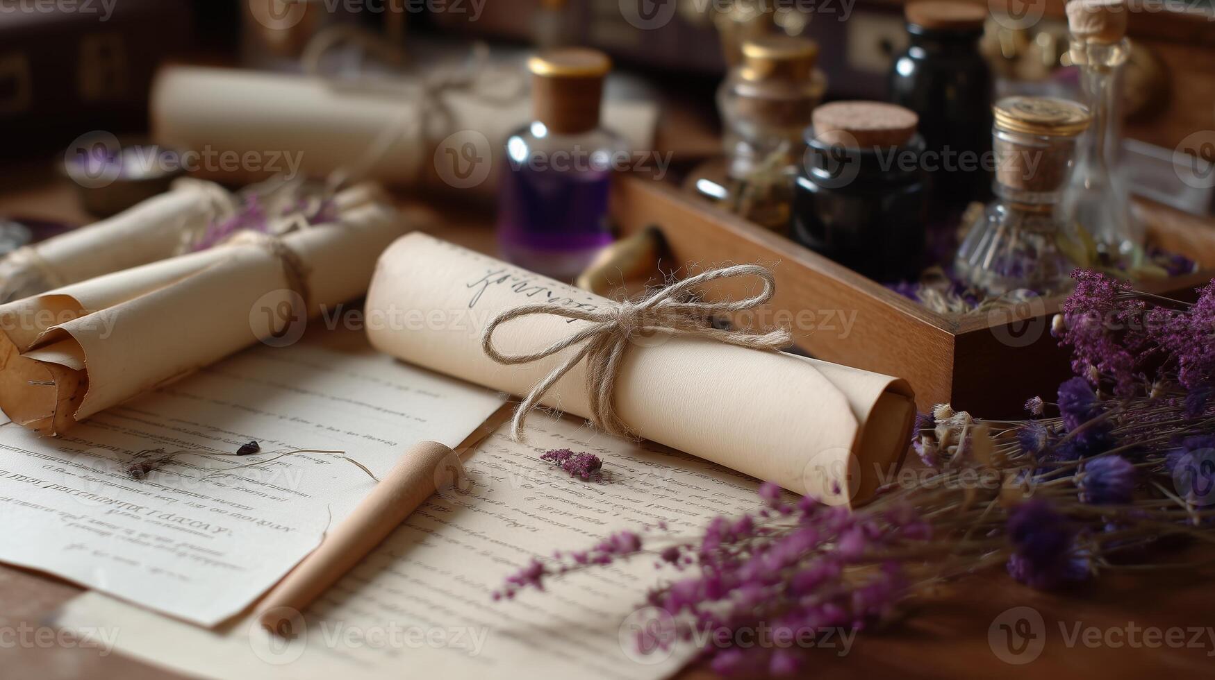Crafting messages with vintage scrolls and natural elements in a cozy workspace adorned with lavender photo