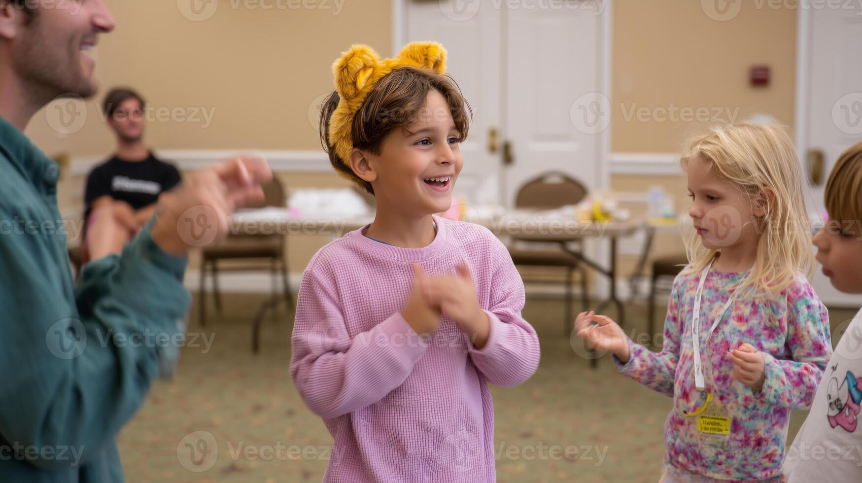 Children enjoying a fun indoor activity with music and laughter at a community event during the afternoon photo
