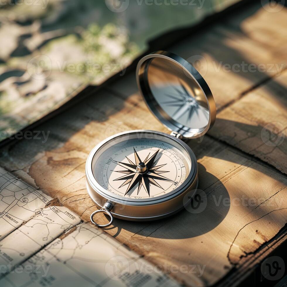 Compass resting on an old map during golden hour, showcasing exploration and adventure in nature photo