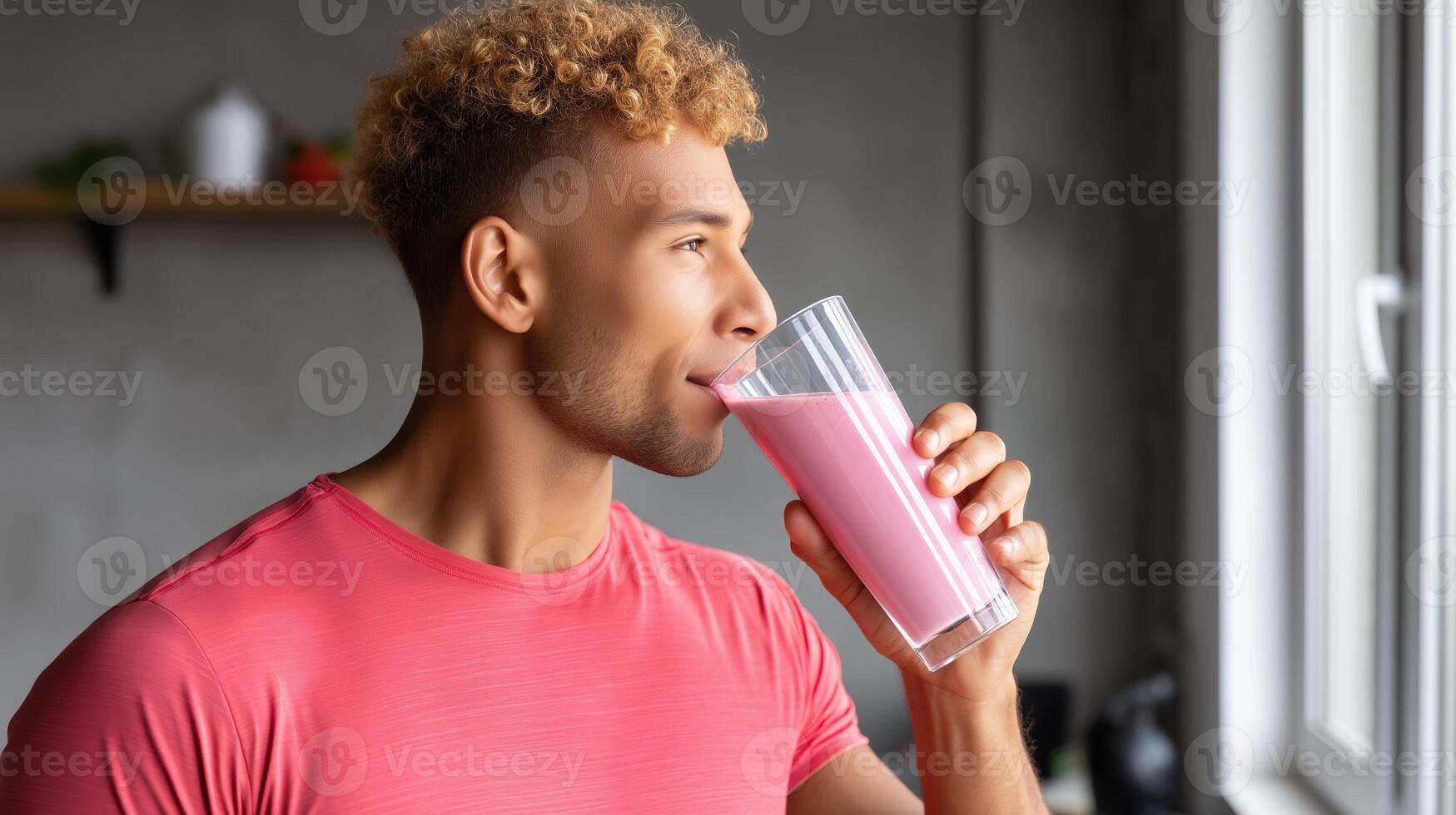 Young man enjoys a pink smoothie while gazing out of a window in a modern kitchen photo