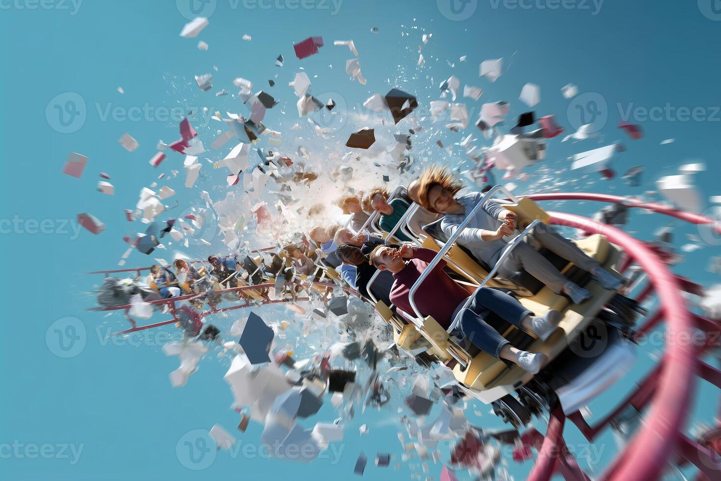 Excitement surges on a roller coaster as riders experience a thrilling rush and exploding confetti in a theme park setting photo