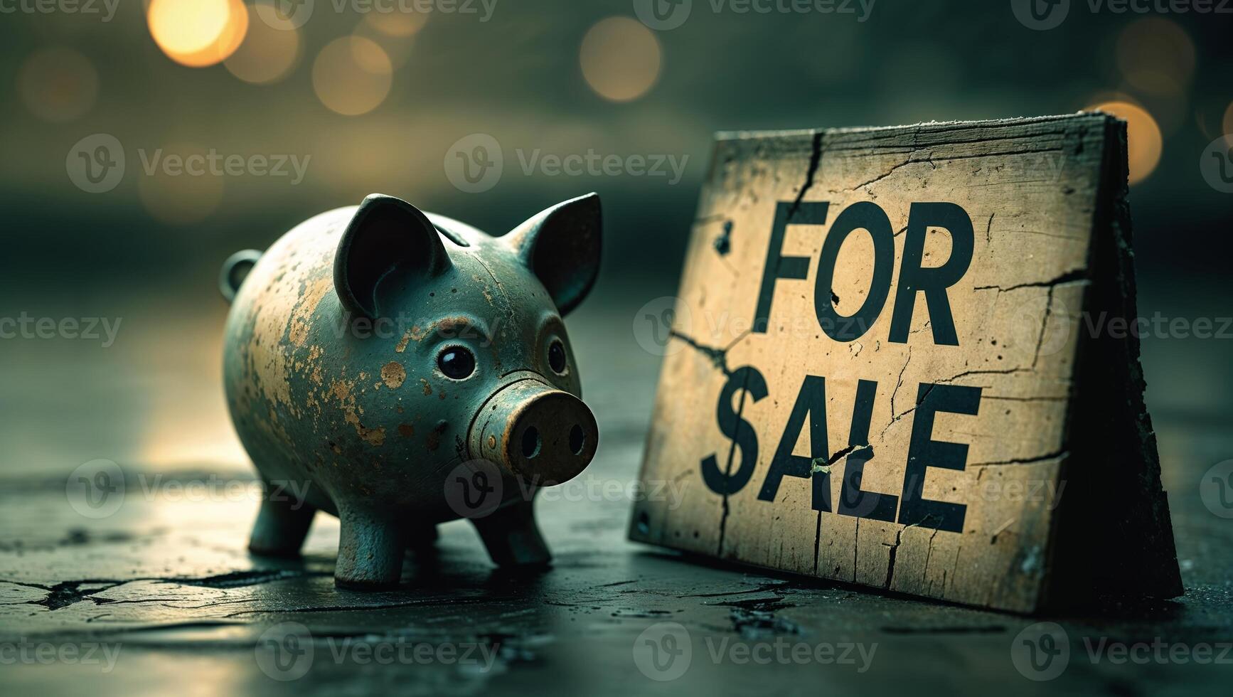 Vintage piggy bank standing next to a weathered for sale sign on a darkened surface with soft lighting photo