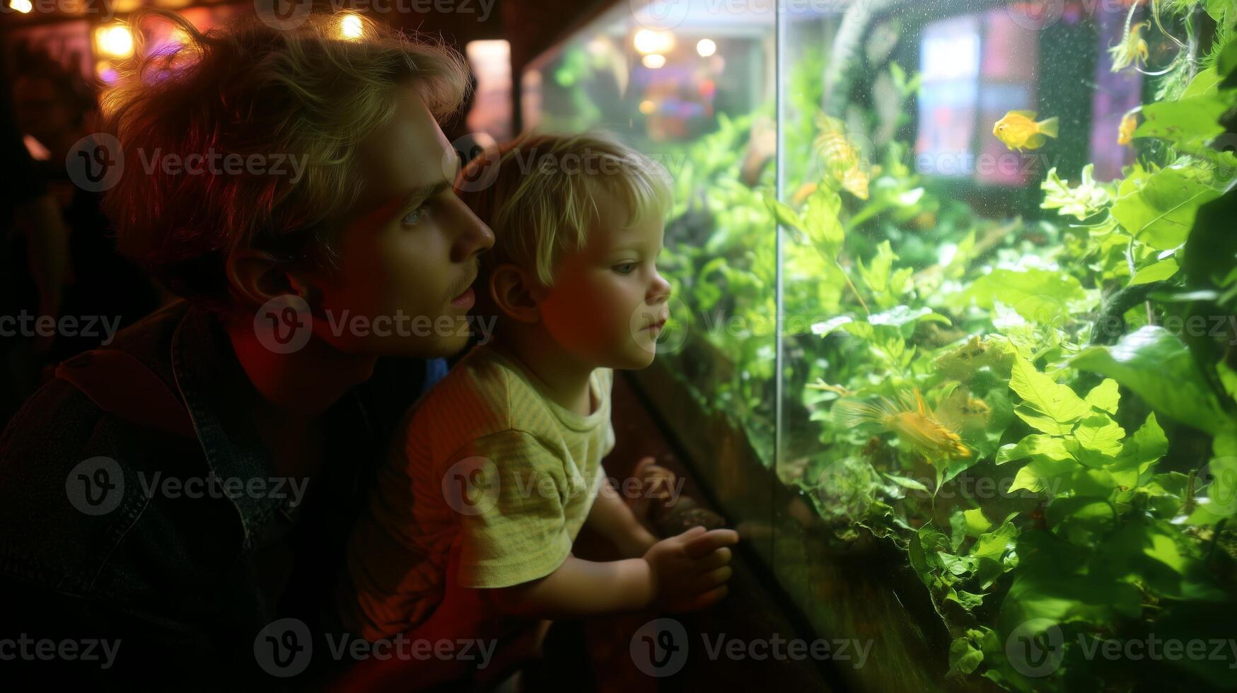 Child and adult admire colorful fish in a vibrant aquarium during an evening visit photo