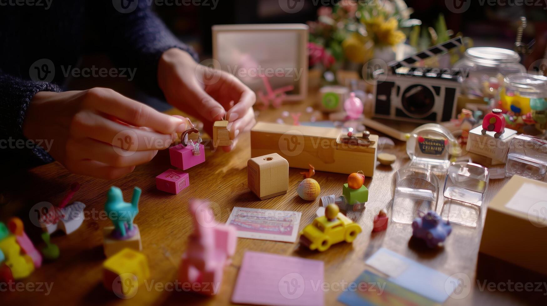 Crafting colorful miniatures in a cozy workspace filled with creative supplies and decorations photo