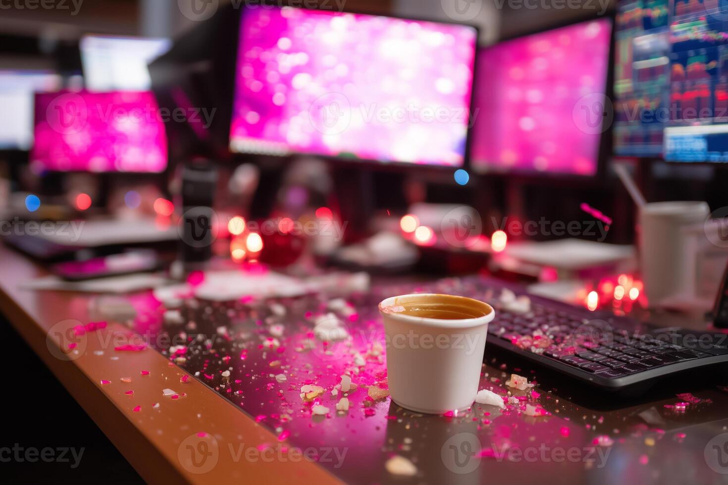 Computer workstation cluttered with leftover coffee and colorful debris during a busy workday photo
