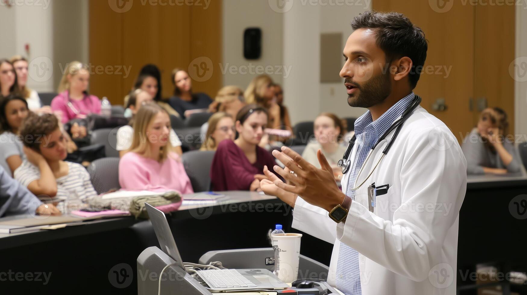 Medical professional engages students in interactive lecture on healthcare topics in a university classroom setting photo