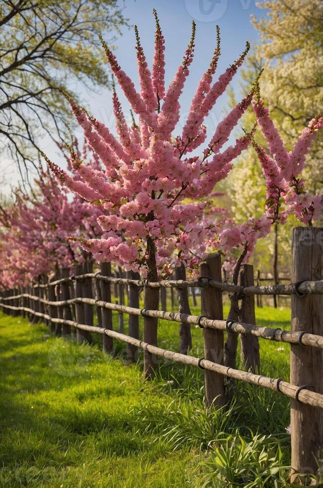 Vibrant cherry blossom trees line a rustic fence in a serene spring landscape photo