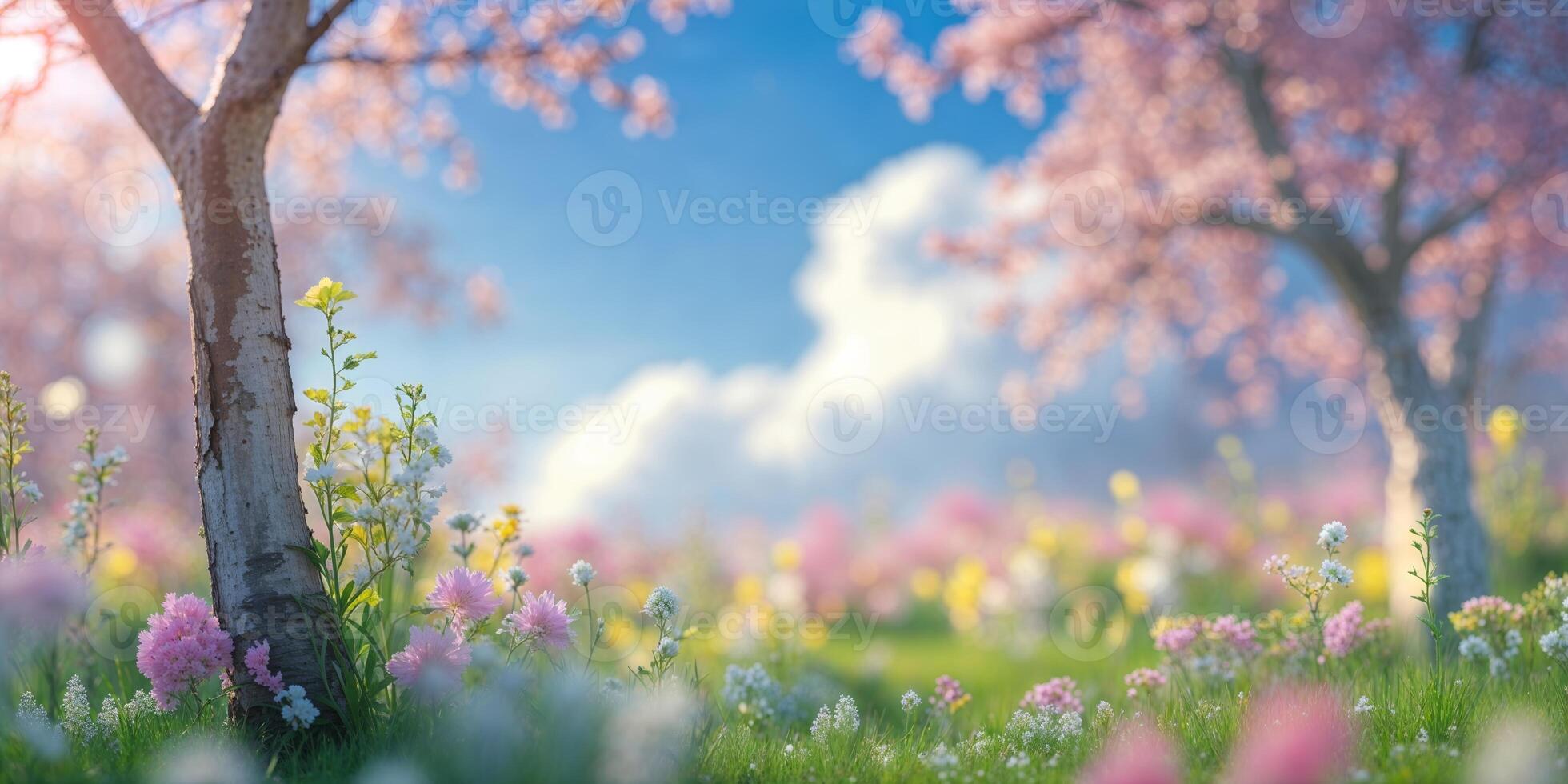 Blossoming spring landscape with cherry trees and colorful wildflowers during a sunny day photo