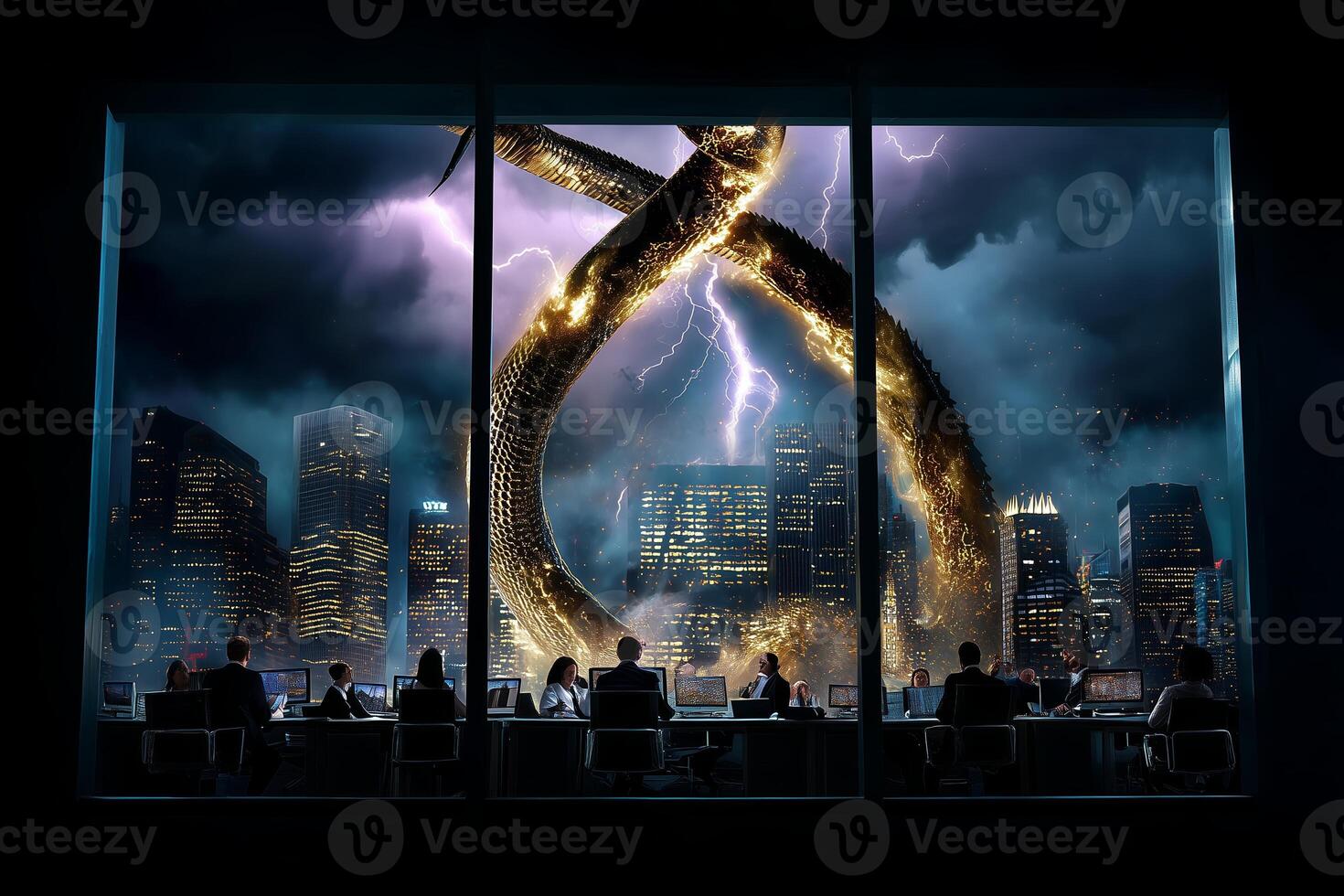 Mysterious serpent emerges in a city skyline during a thunderstorm at night photo