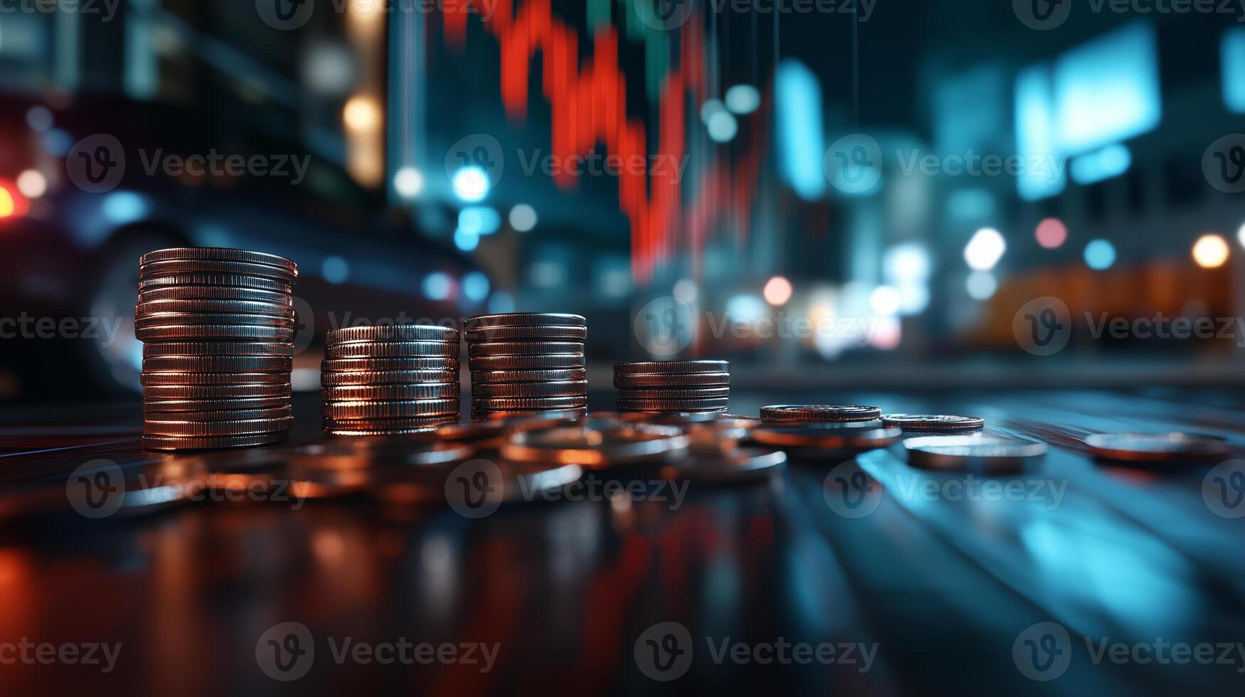 Coins stacked on a wooden surface with a digital stock market chart glowing in the background during nighttime photo