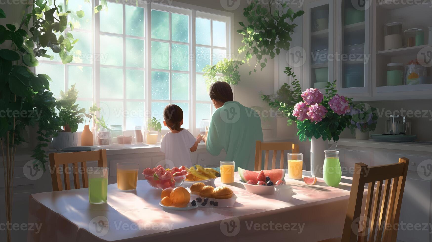 Family bonding in a sunlit kitchen while preparing fruit snacks on a warm afternoon photo