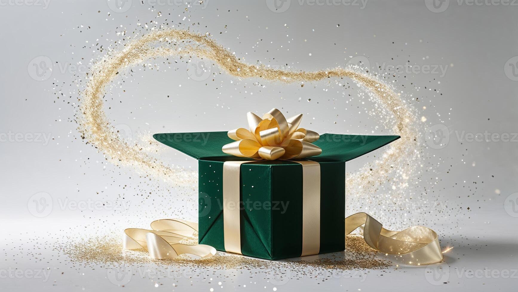 Gift box with elegant ribbon surrounded by glittering sparkles creates a celebratory atmosphere for special occasions photo