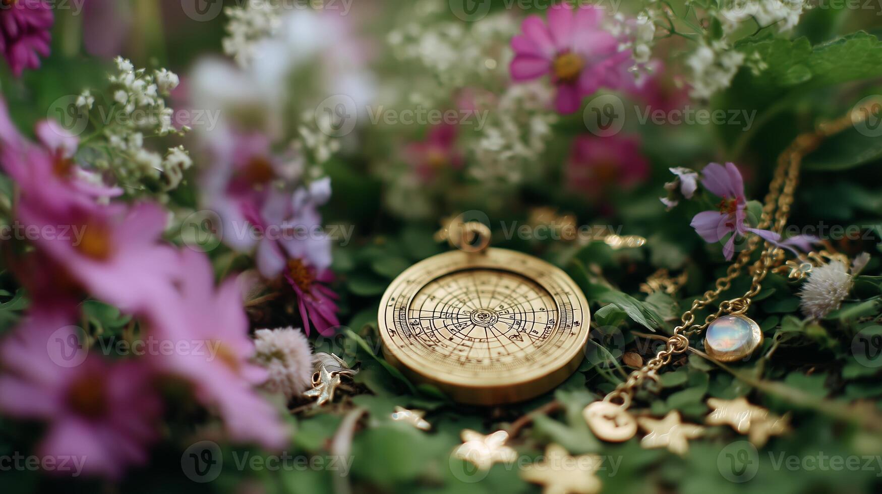 Antique compass and jewelry on a bed of flowers under natural light in a serene garden setting photo