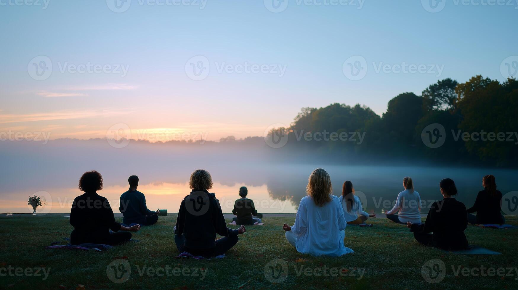 Morning meditation session by the lakeside with participants engaged in mindfulness practice photo