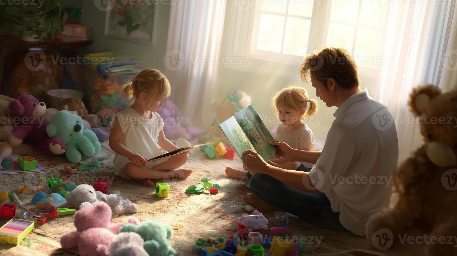 Family reading time in a cozy room filled with children's toys and sunlight streaming through the window photo