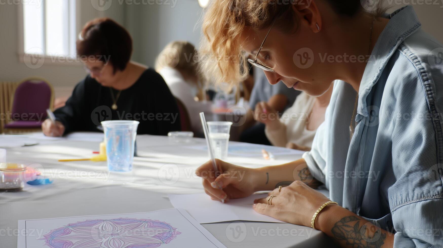 Participants engage in an art workshop focusing on intricate pattern drawing in a bright and welcoming studio photo