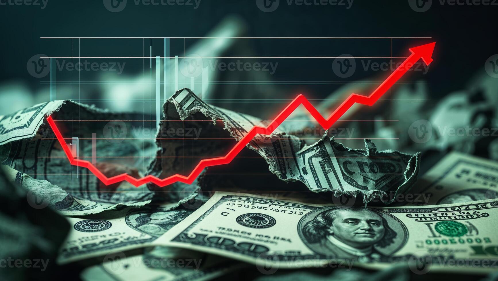 Financial growth represented by a rising graph over crumpled dollar bills in a dark setting photo
