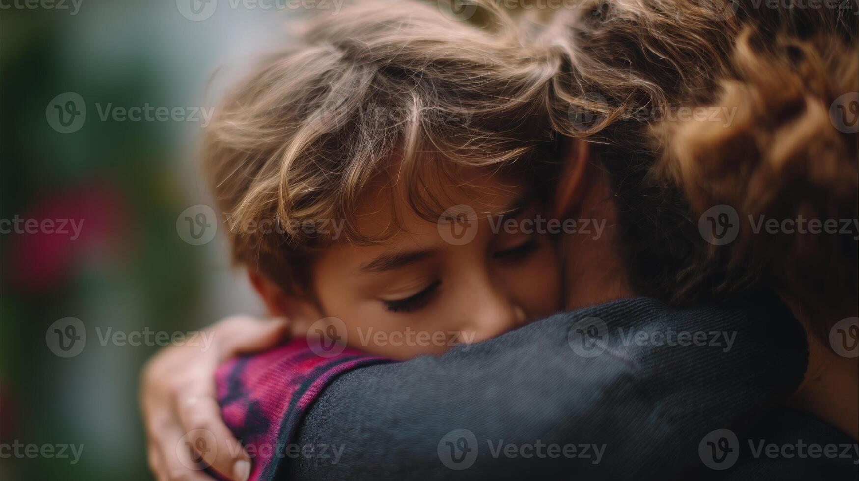 Emotional reunion between a child and adult during a warm afternoon in a garden setting photo