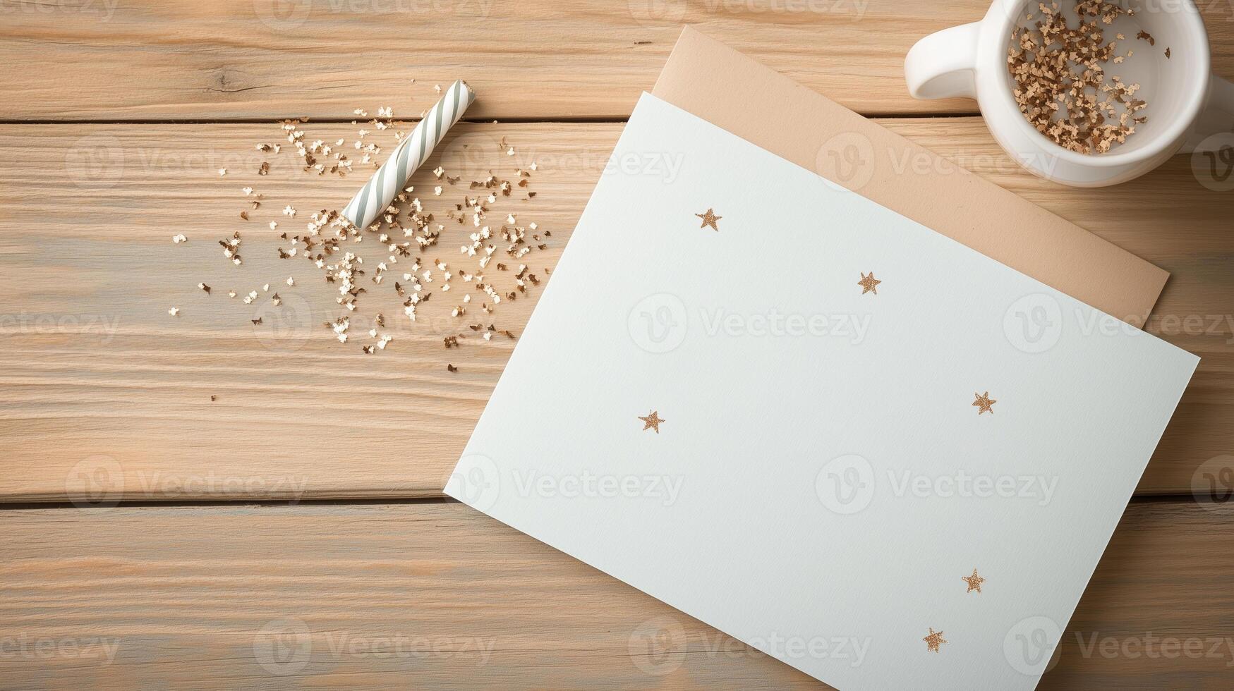 Crafting a thoughtful greeting card with decorative elements and a cozy drink on a wooden table photo