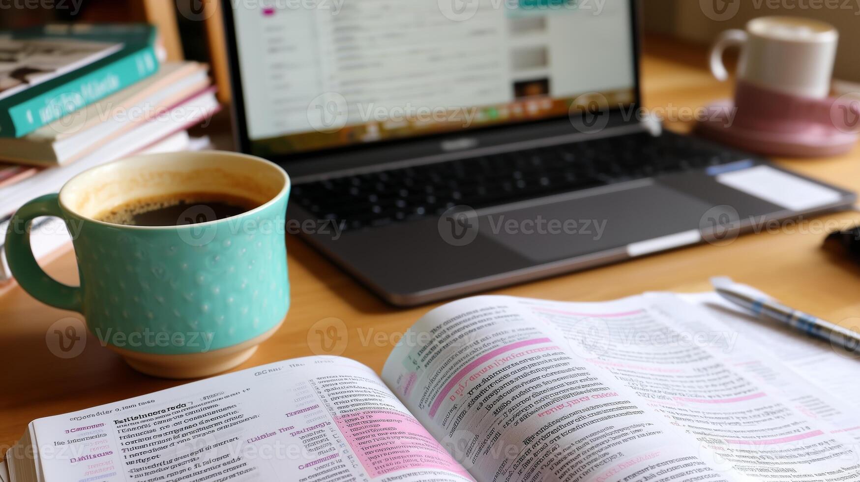 Study session with coffee and open textbook at a desk in a cozy workspace photo