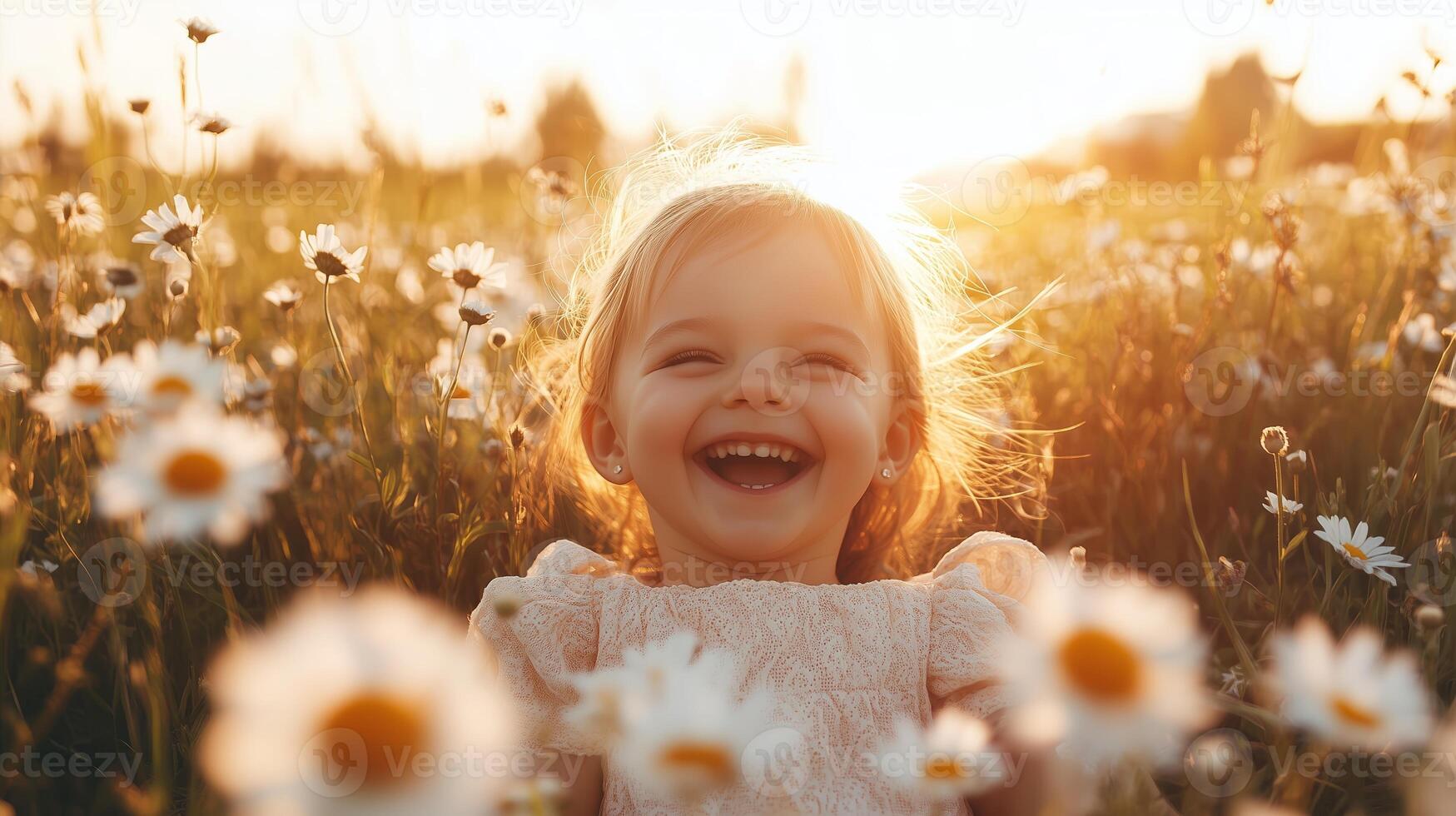 Joyful child surrounded by wildflowers during sunset at a serene field photo