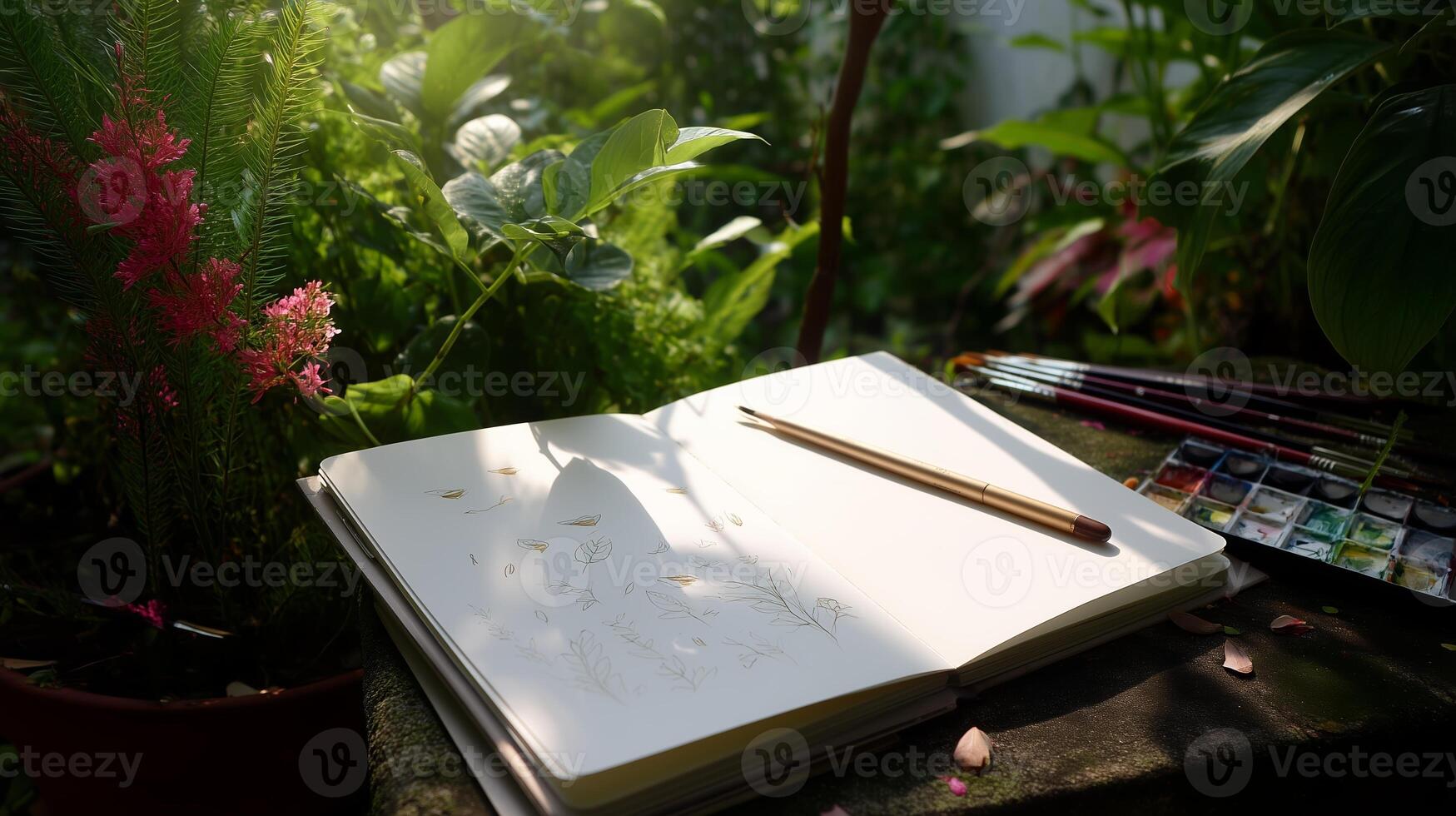 Sketching botanical illustrations in a serene garden setting during the golden hour photo