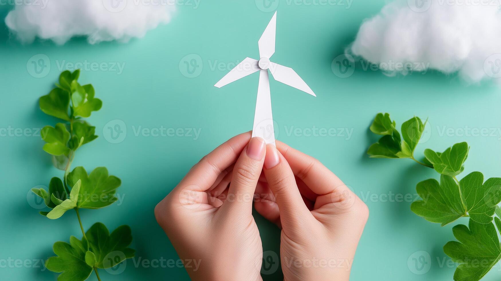 Creating a simple paper wind turbine model with green leaves on a light blue background photo