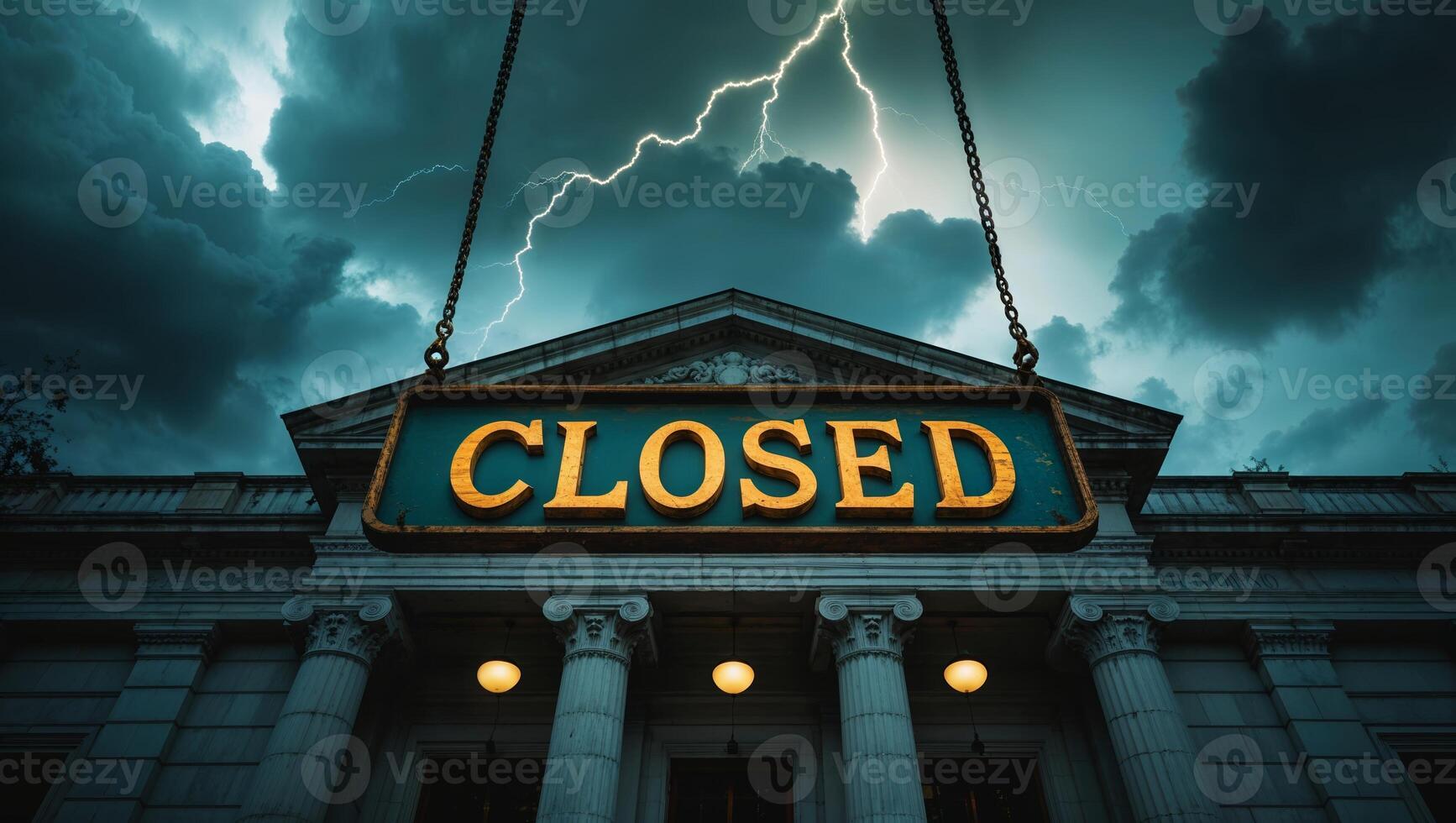 Storm clouds gather over historic building with a closed sign hanging from columns photo
