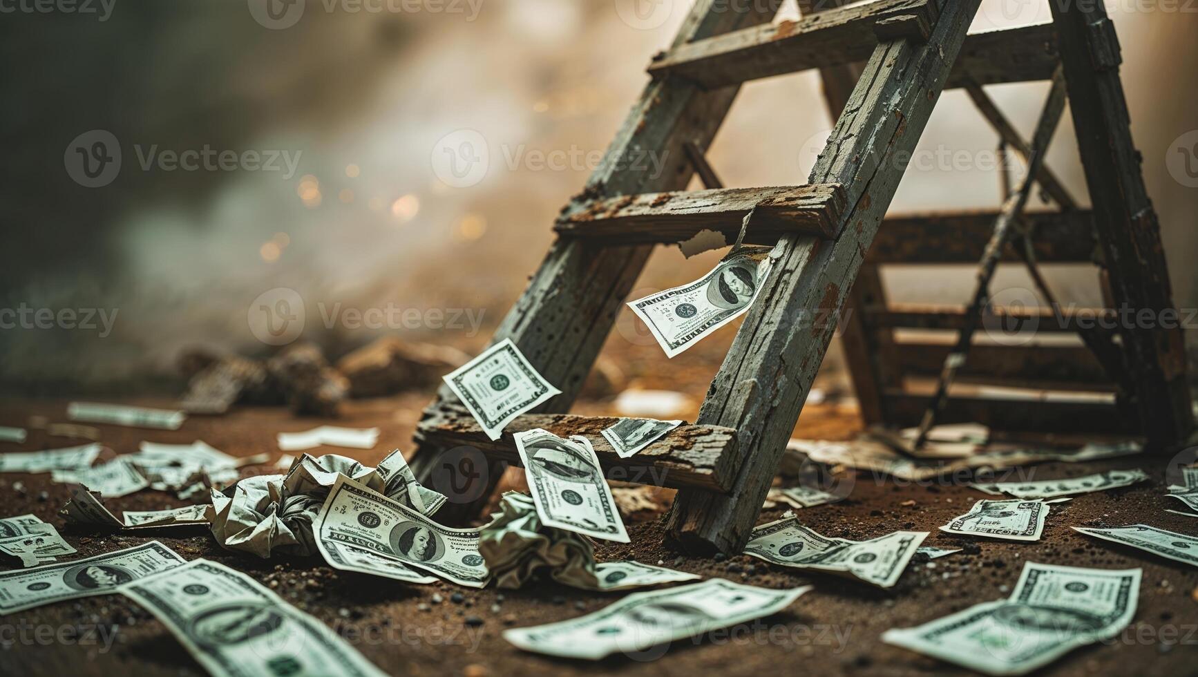 Money lies scattered around a worn wooden ladder in a dilapidated space during an uncertain moment of economic struggle photo