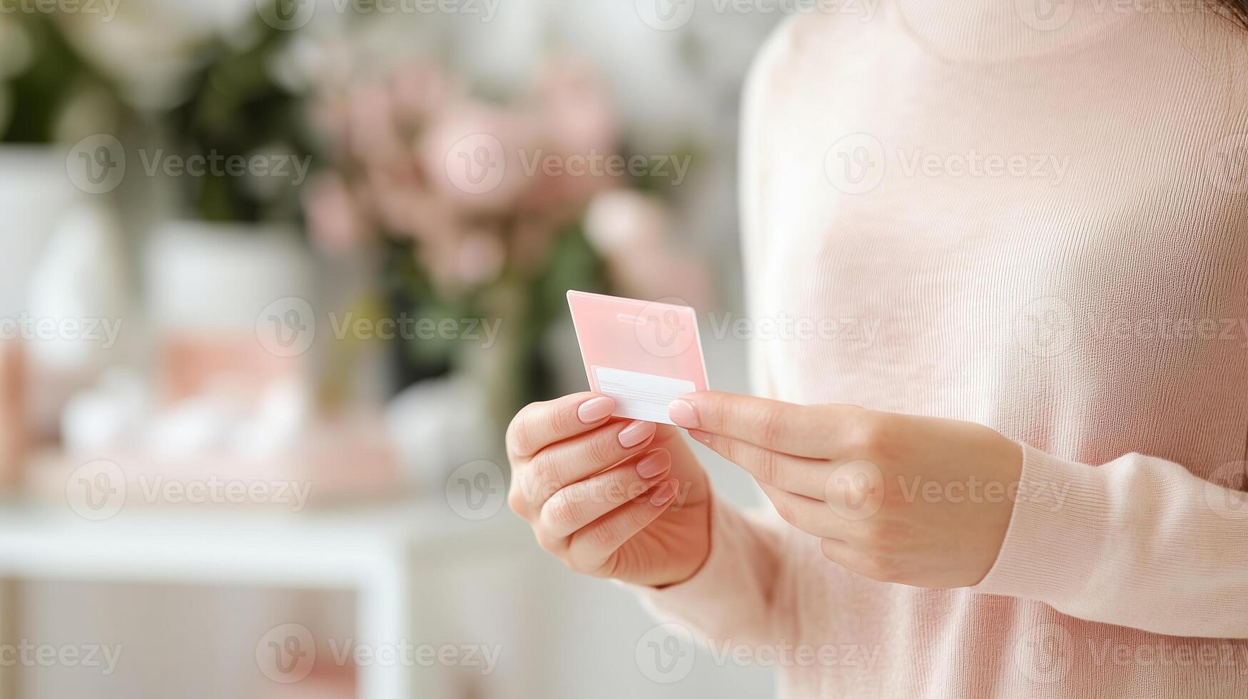 Woman in soft sweater holds a pink card in a beautifully decorated space with floral elements and soft lighting photo