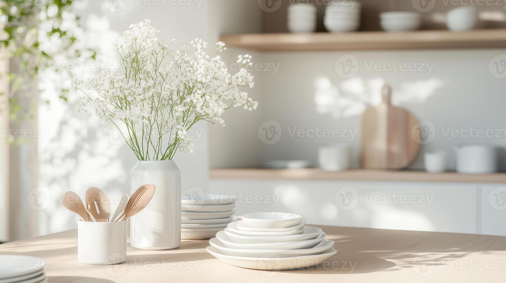 Bright kitchen interior with white tableware and fresh flowers on a sunny morning photo