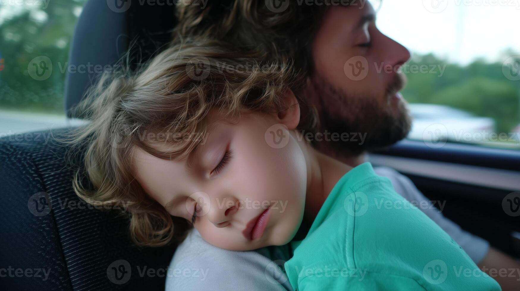 Father and child share a peaceful moment cuddled together in the car during a summer road trip photo